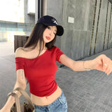 Toloer Desire Inclined Shoulder Short Sleeve T-Shirt Female 2024 Summer New Short Crop Slim Versatile Student Jacket Ins