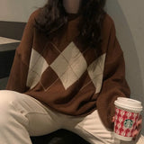 Vintage Argyle Print Round Neck Sweater-Outfit