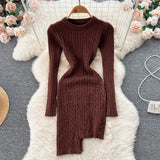 Irregular Solid Knitted Short Dress O Neck Long Sleeve Fashion Bodycon Dress Women Winter Streetwear OL Warm