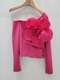 Women's T-shirt Patchwork Flower Solid Color Off Shoulder Skew Collar Female Slim Tees 2024 Summer New Fashion 29L7225-Outfit