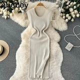 Spring Summer Dress Knitted Solid O Neck Sexy Bodycon Midi Dresses for Women Stretch Vestidos