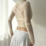 Toloer Lace Gentle Wind Wood Ear Cardigan Lace T-Shirt Female V-Neck Perspective Feeling Kink Crop Top-Outfit