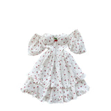 Spring And Summer Sweet Shoulder Slings Bubble Short Sleeve Cherry Print Waist Dress Women's Wooden Ear Short