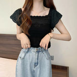 Small Fresh Short-Sleeved Knitted Gentle T-Shirt Design A Sense Of Niche Temperament French Collar Top Short