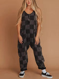 Women's Check-Print Leisure Large Pocket Jumpsuit Wish Loose