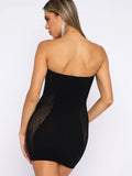 Women's Summer Strapless Diamond Off Shoulder Mesh Patchwork Hollow Out Skinny Bandeau Backless Short Mini Dress-Outfit