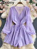Women Dot Chiffon Rompers Long Sleeve V Neck Casual Loose Overalls Jumpsuits Summer Korean Wide Leg Beach
