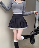 Pleated Skirts Women Sexy Bowknot High Waist Lace Patchwork Spring Fashion Culottes Sweet Firl Mini Skirt Casual-Outfit