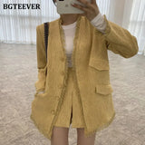 Vintage Ladies 2 Pieces Blazer Set V-Neck Single-Breasted Tassels Jackets & High Waist Skirt Shorts Women Skirt