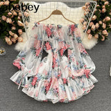 Women Off Shoulder Strap Dress Slash Neck Puff Sleeve Wide Leg Jumpsuits Summer Bohemian Print Vacation Short