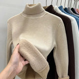 Velvet Turtleneck Pullovers Women Korean Fashion Lined Warm Sueter Knitted Slim Top Winter Jersey Knitwear Jumper