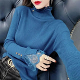 Solid Color Knitted Pullovers Casual Turtleneck Button Women's Clothing Slim Autumn Winter Fashion Lace Spliced T-shirt-Outfit