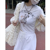 Korean Fashion Crop Tops Spotted Dog Printed Short Sleeve T-shirt Kawaii Summer Streetwear Sexy Slim White Tshirts