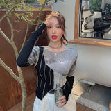 Tie-dye Color Matching Irregular T-shirt Women Sexy Slim Crop Top Chic Design Korean Style Long Sleeve T-shirt