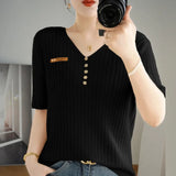 Toloer 2024 New Short Knit Women's Fashion Slim Short-Sleeve T-Shirt Thin Medium Sleeve Top-Outfit
