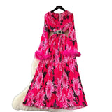 Elegant Dress Women 2025 New Light Style Waist Hair Sleeve Splicing Print 100-Folded Long