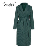 Simplee Long straight winter coat with rhombus pattern Casual sashes women parkas Deep pockets tailored collar stylish
