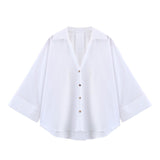 Spring And Summer New Women's Fashion Casual Collar Striped Wide-Sleeved