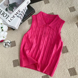 Chic Summer French Niche Polo Collar Sleeveless Knitted Top Girl Slime With Solid Color