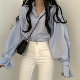 The Spring Of 2025, The New Korean Version Of The College Style Design Is Loose And Small Lantern Sleeve Striped Shirt Shirt For