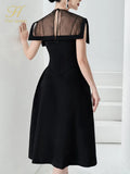 Han Queen Summer Dresses Womens Korean Retro O-Neck A-Line Black Vestidos Elegant Fashion Slim Midi Office Party Casual Dress-Outfit