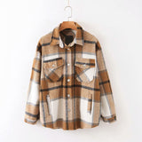 2022 Korean Slim Splicing All Match Outwear Vintage Thick Plaid Jacket Women Autumn Winter Casual Loose Long Sleeve Wool