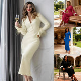 Fashion Temperament Plain Knitted Pit Long Sleeve Feathers Collar Long Dress Female