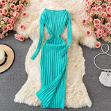 Women Korean Knitted Dress Long Sleeve O Neck Elastic Slim Pencil Dress Autumn Winter Sexy Bodycon Split Sweater