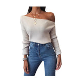 Women's Spring New Sexy Fashion Long-Sleeved Knitted Shirt Slanted Shoulder Sweater Top