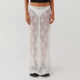 Women's Summer Y2K Vintage Beachwear Floral Lace Sheer See-through Low Waist Cover-ups Aesthetic Maxi Long Skirts-Outfit