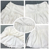 Sexy Cute White Mini Skirt Women Drawstring Folds High Waist Irregular Ruffle Patchwork Fairycore Short Skirts Mori
