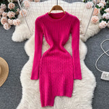 Irregular Solid Knitted Short Dress O Neck Long Sleeve Fashion Bodycon Dress Women Winter Streetwear OL Warm