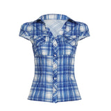 Cloth Forget British Wind Wood Ear V-Neck Check Shirt Temperament Waist Button Bubble Sleeve