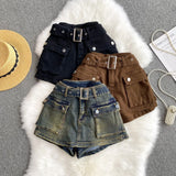 Babes Work Style Skirts Women High-Rise Thins Retro Old Denim Shorts Wide Leg