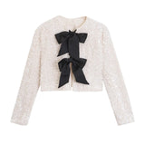 Women's 2025 Spring 2025 New V-Neck Bow Ornament Party Lien Slide Short Jacket