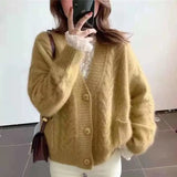 Women Autumn Winter New Cardigans Female Cardigan Loose Streetwear Knit Sweater Coat V Neck Jackets Ladies Warm Knitted