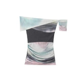 2025 Spring New Dizzy Mesh Knitting Splicing Shoulder Lady T-Shirt Folded