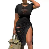 Toloer Sexy Round Collar Short Sleeve Slit Pleated