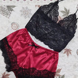 Toloer Hot Selling Lace Pajamas Two-Piece Lace Sling Perspective V-Neck Pajamas Set-Outfit