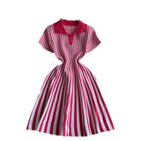 Toloer Niche Retro Color Lapel Short Sleeve Striped Dress Female Waist Show Thin Temperament A-Word Knit