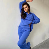 Casual Autumn Loose Knit Sweater Set Fashion Zip Lapel Long Sleeve Pullover Sweater & Straight Pants Two-piece