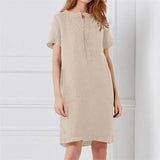 Summer Elegant Linen Dress Homewear Long Sleeve V-neck Holidays Vacation Beach Casual Solid Dress With