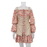 Toloer Women's Fall 2023 New Fashion Long-Sleeved Floral Dress With A Waistcoat Waist To Show A Thin A-Line Skirt-Outfit