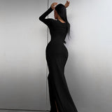 Toloer Women's Wear Spring / Summer 2024 New Solid Color Long Sleeve Collect Purse Hip Slit Dress Children's Holiday Wind-Outfit