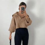 Ardm Za Casual Oversize Brown Woman Sweaters V Neck Knitted Loose Sweater Vintage Lantern Sleeve Female Pullover Women Crop