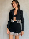 Free Shipping 2022 New Women's Suit Sexy Lapel Long Sleeve Diamond Tassel Short Jacket & Mini Skirt Diamond Tassel Two Piece