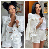 High Quality Designer Runway Suit Suit Women's Gold Button Tweed Jacket Shorts Set 2022 New White Tweed