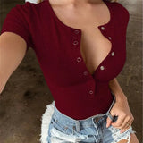 Toloer Spring And Summer Round Neck Short Sleeve Deep V Sexy Slim Bag Hip Button Solid Color Bottom