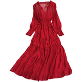 Holiday Dress Autumn Dress 2023 New Goddess Temperament V-Collar Rope-Drawn Waist Dress-Outfit
