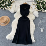 A Small-Sized Lap Collar Zipper Sleeveless Dress Women Decorate The Body Thin Leisure Medium Long Over-膝 Knit
